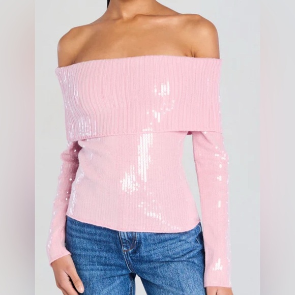 Retrofete Off The Shoulder Sweater Sequined Long Sleeve Wool Cashmere Pink  XS - Picture 1 of 14
